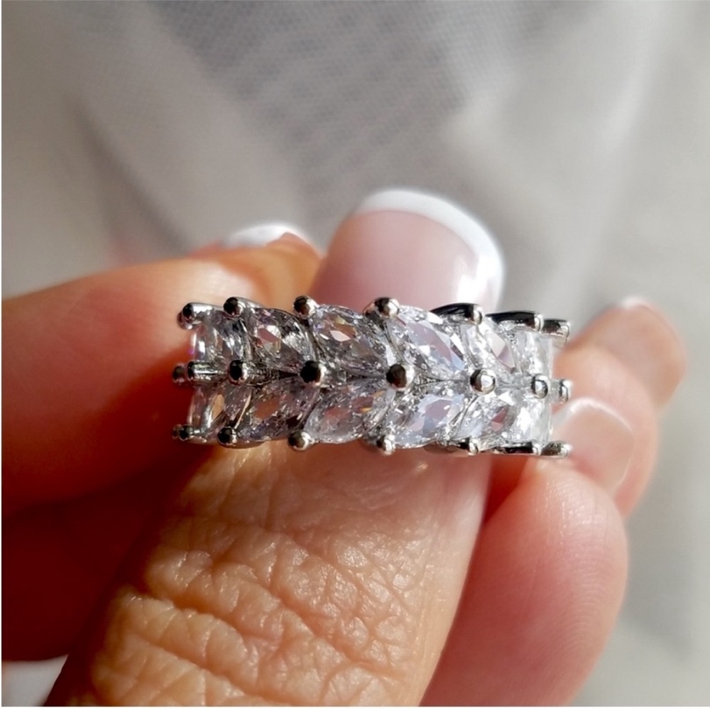 Swarovski Elements 925 Sterling Silver Double Row Marquis Eternity Band NEW